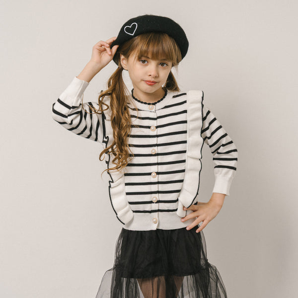 ショルダーフリルボーダーニットカーディガン