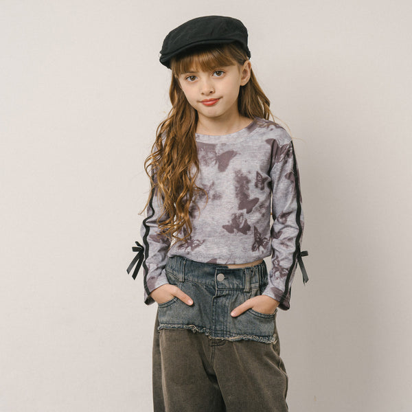 バタフライプリントデザインサイドリボントップス