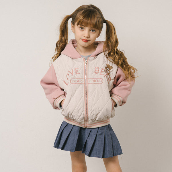 くまさん刺繍デザインキルティングフード付きジャケット