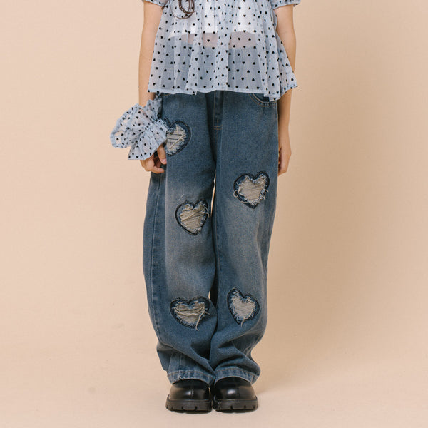 ハートダメージデザインストレートデニムパンツ