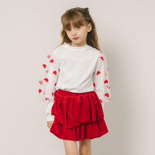 ハート柄袖チュールリブトップス