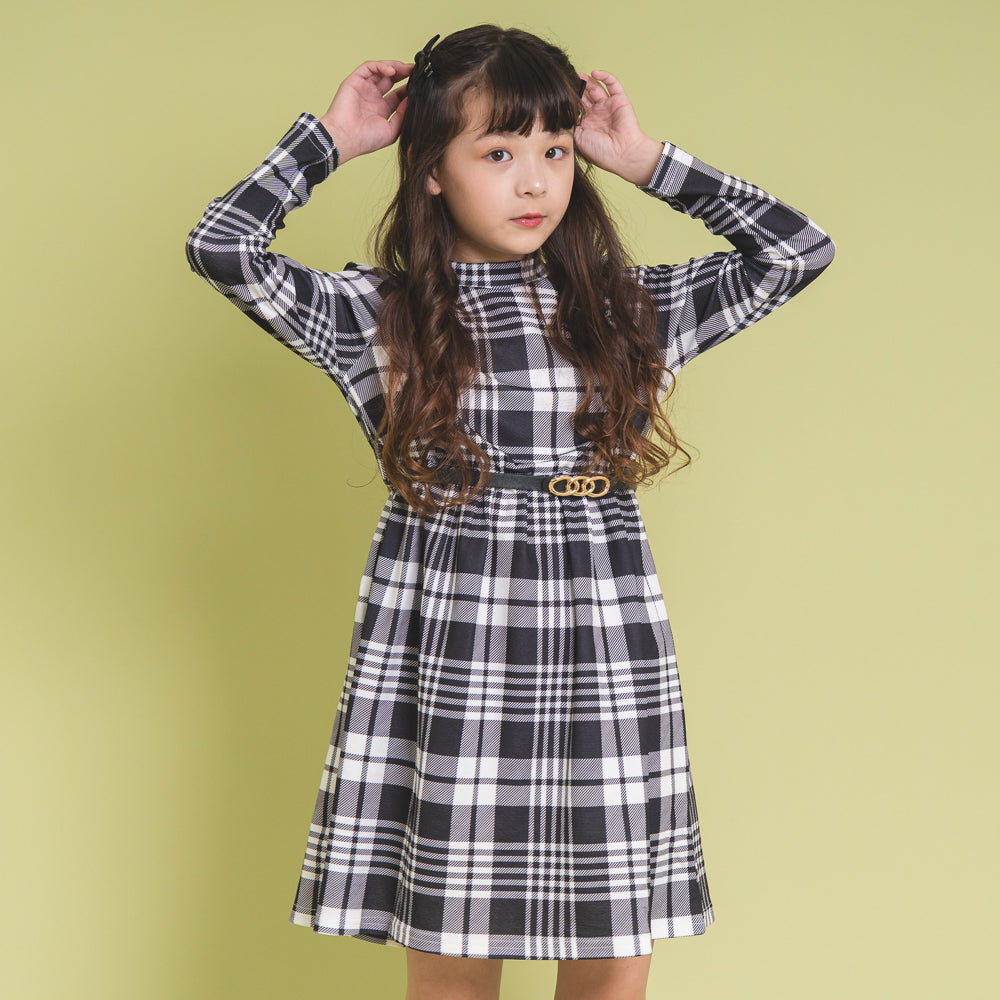 チェックデザインフレアワンピース＋リングデザインベルト|子供服