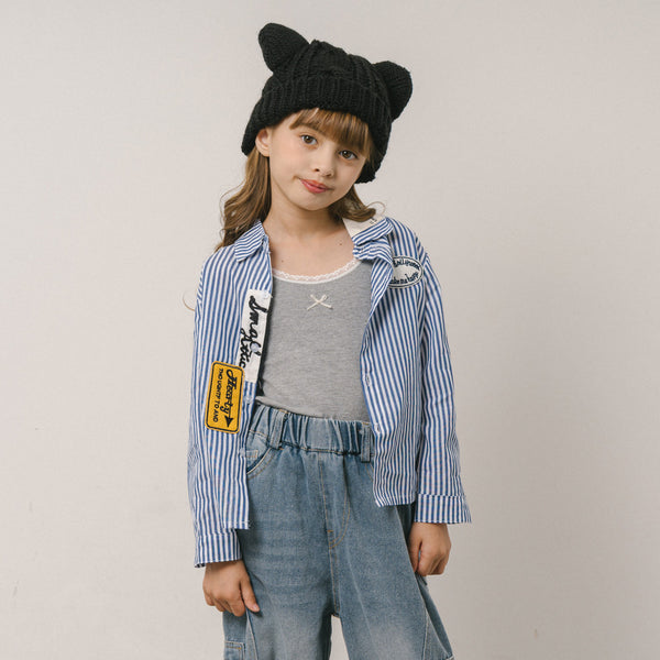 ワッペンデザインストライプシャツ