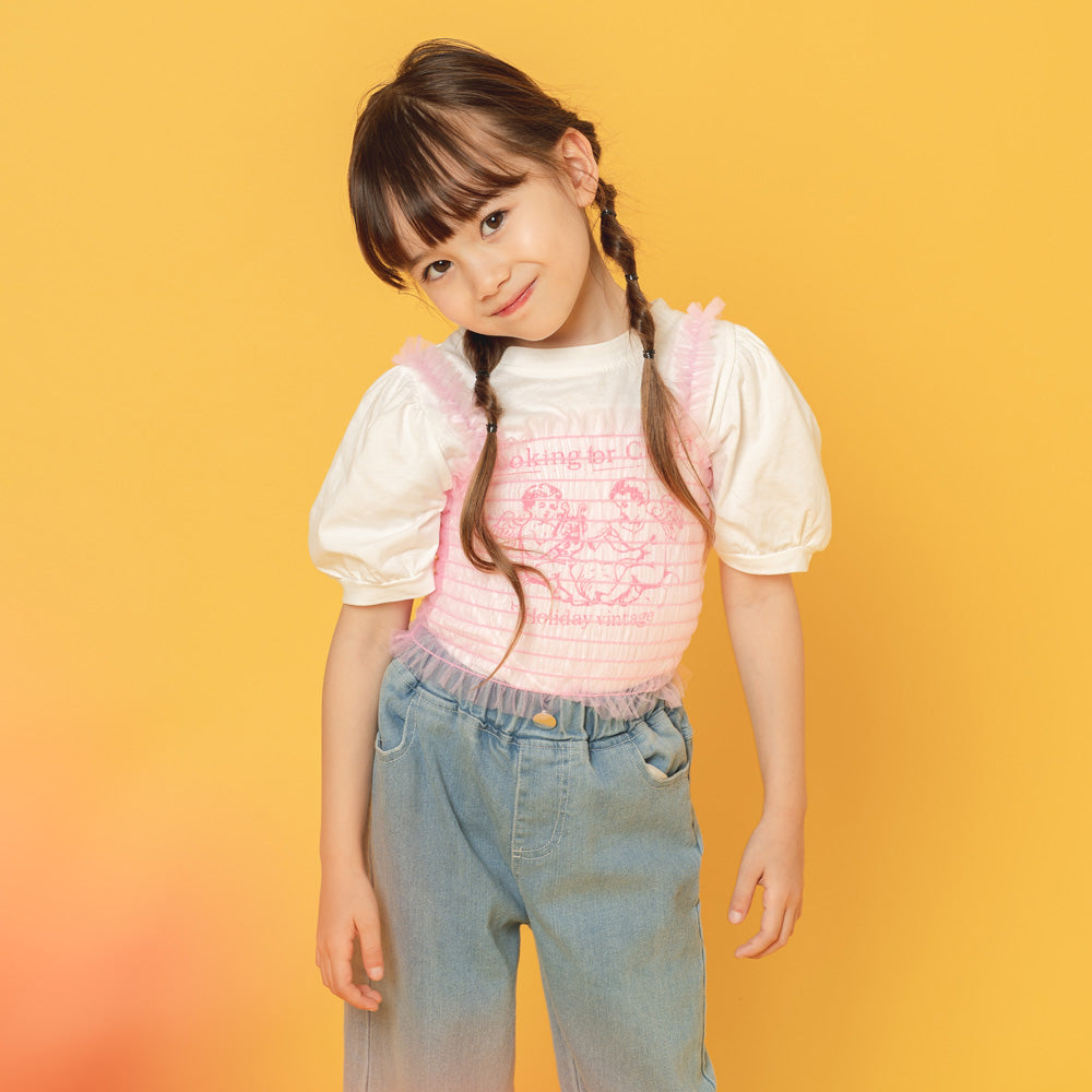 ロゴプリントTシャツ＋シースルーフリルビスチェ|子供服・キッズ