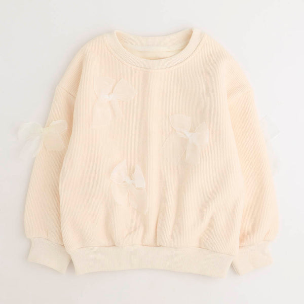 裏起毛チュールリボンリブニットトップス