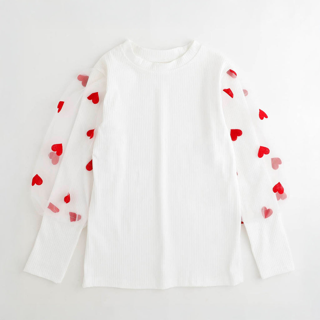 ハート柄袖チュールリブトップス