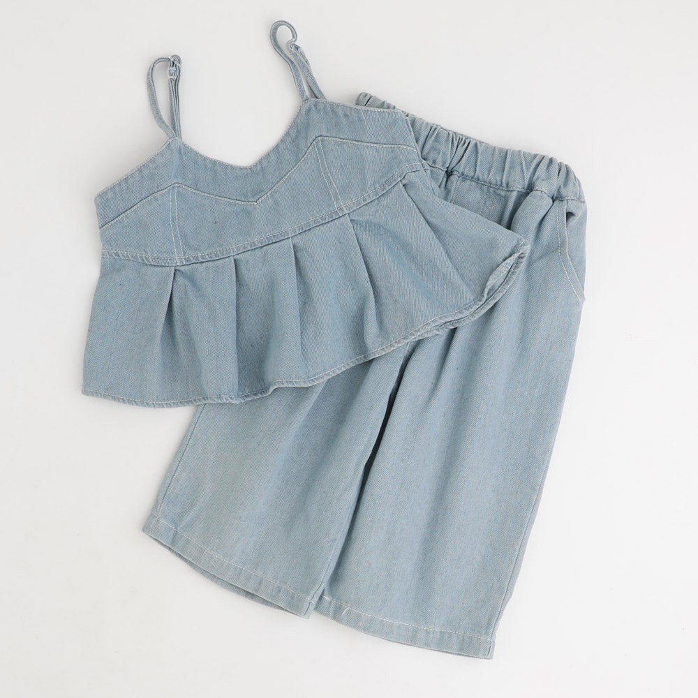 【2点セット】デニムプリーツキャミビスチェ＋ストレートパンツ