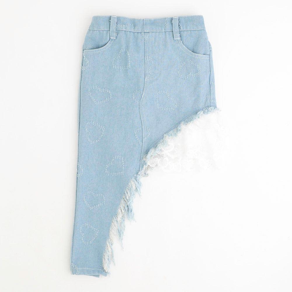 【インナーパンツ付き】レースフリルドッキングアシメハートフリンジデニムスカート