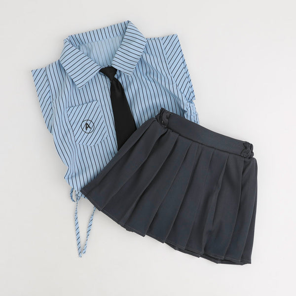 【3点セット】タイ付きギャザーブラウス＋プリーツスカート