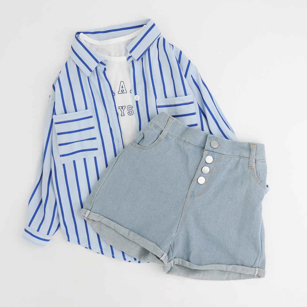 【3点セット】タンクトップ＋シアーストライプシャツ＋デニムショートパンツ