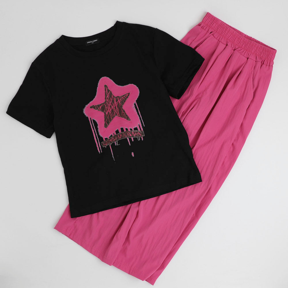 【2点セット】フロントネオンスタープリントTシャツ＋カラーストレートパンツ