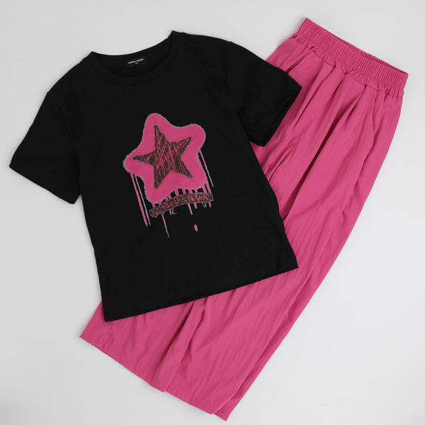【2点セット】フロントネオンスタープリントTシャツ＋カラーストレートパンツ