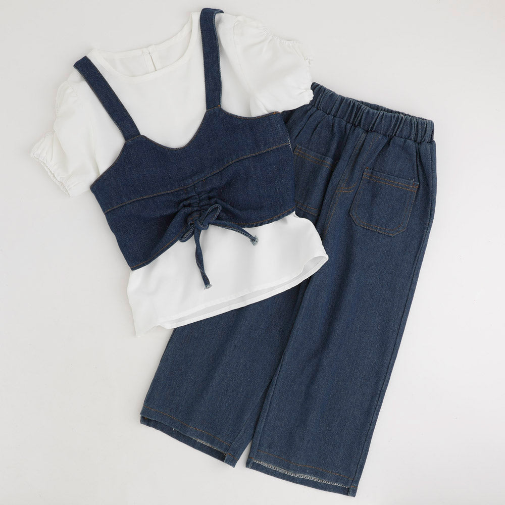 【3点セット】Tシャツ＋ギャザーデニムビスチェ＋ストレートパンツ