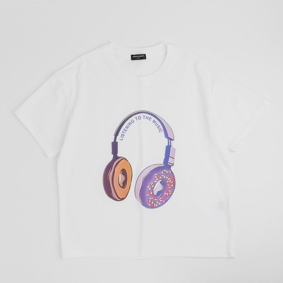 ファンシードーナツヘッドホンプリントオーバーサイズTシャツ