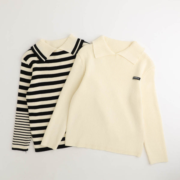 襟付きタグデザインリブニットトップス