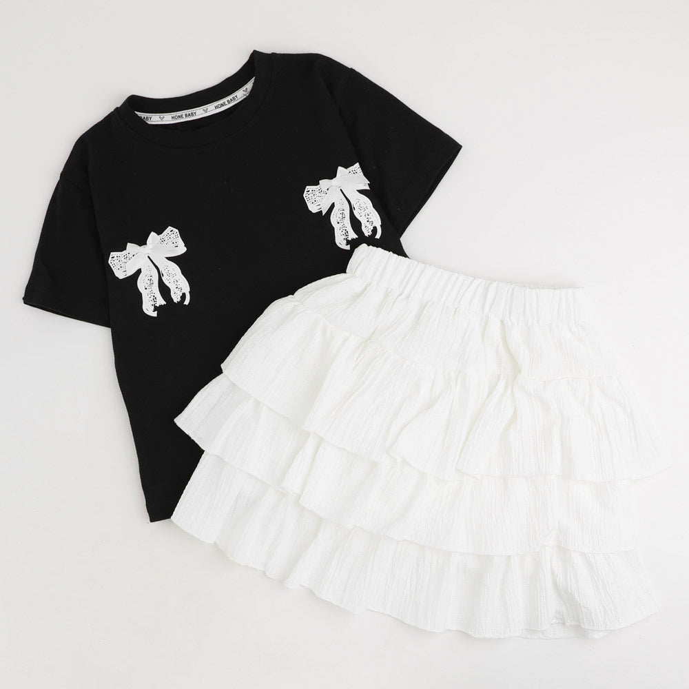 【2点セット】バックリボンレースデザインTシャツ＋ティアードスカート
