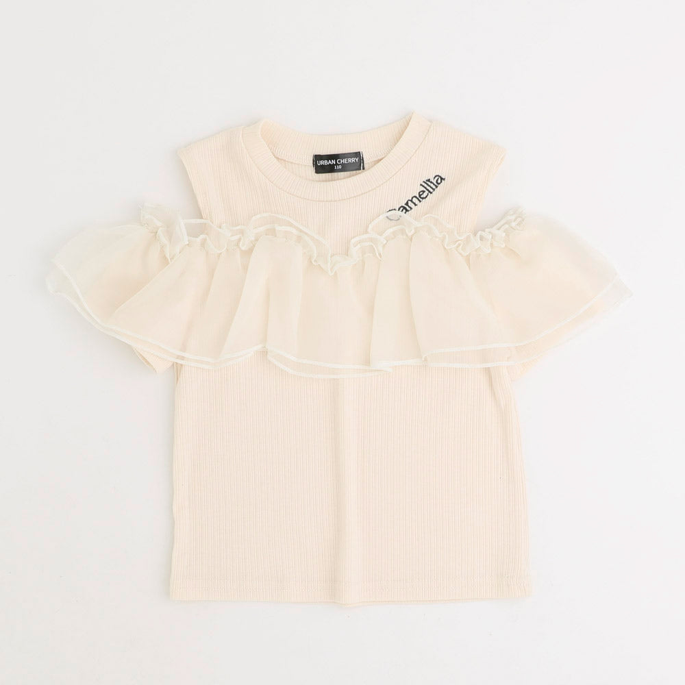 「快適さらリブ素材」カットショルダーシアーフリルリブトップス