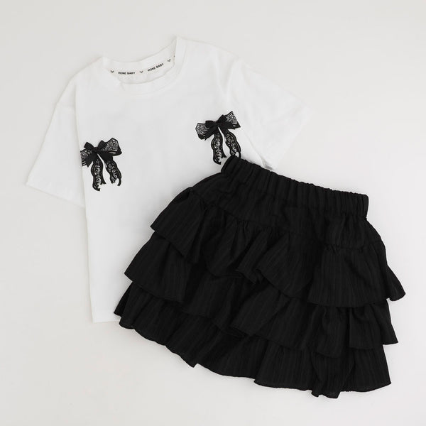 【2点セット】バックリボンレースデザインTシャツ＋ティアードスカート