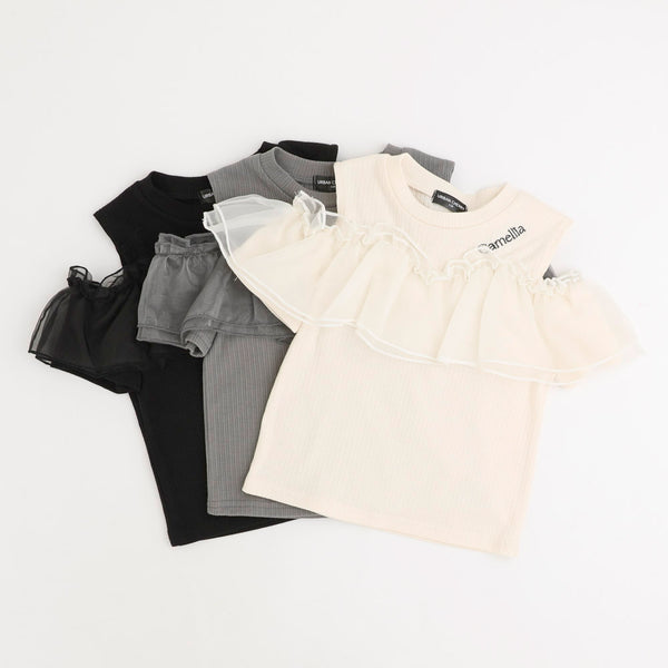 「快適さらリブ素材」カットショルダーシアーフリルリブトップス