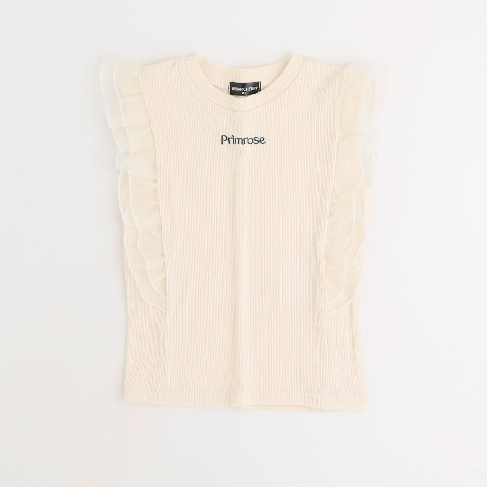 「快適さらリブ素材」シアーフリルノースリーブリブトップス