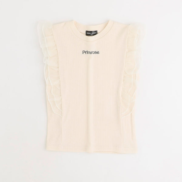 「快適さらリブ素材」シアーフリルノースリーブリブトップス