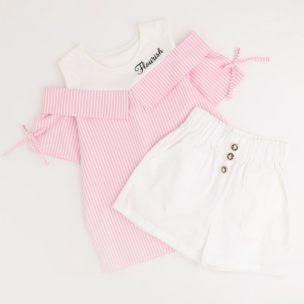 【2点セット】オープンショルダードッキングストライプブラウス＋フロントボタンショートパンツ