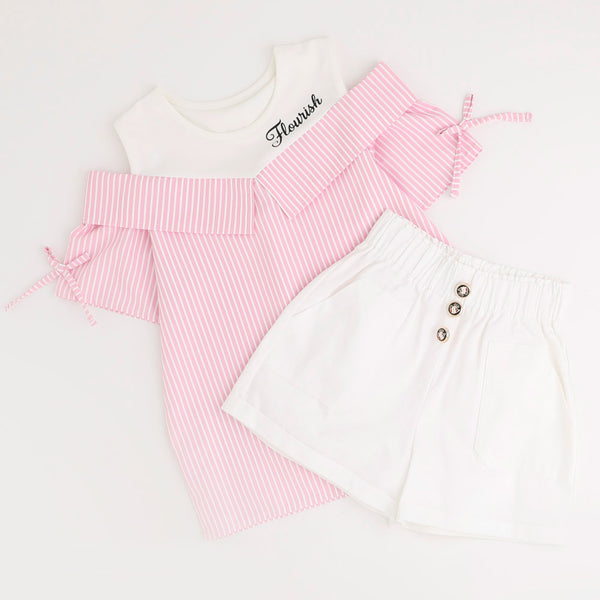 【2点セット】オープンショルダードッキングストライプブラウス＋フロントボタンショートパンツ