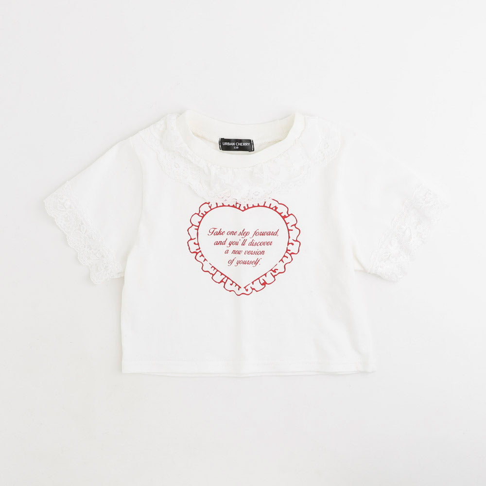 【綿100％/吸水速乾】レースフリルフレンチハートプリントクロップドTシャツ