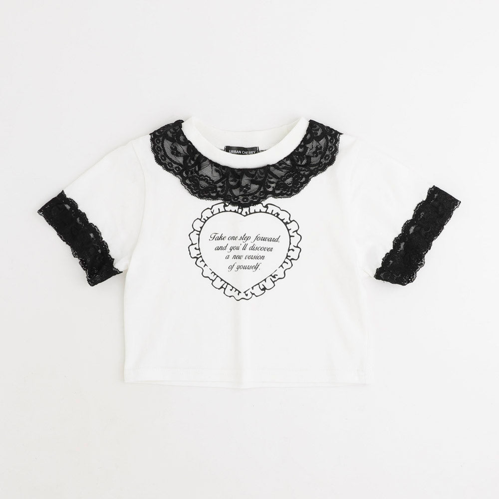 【綿100％/吸水速乾】レースフリルフレンチハートプリントクロップドTシャツ