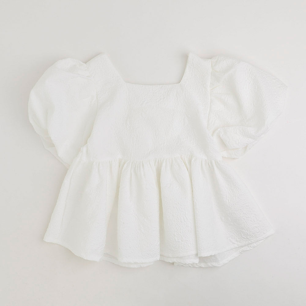 バックリボンスクエアネックジャカードペプラムトップス