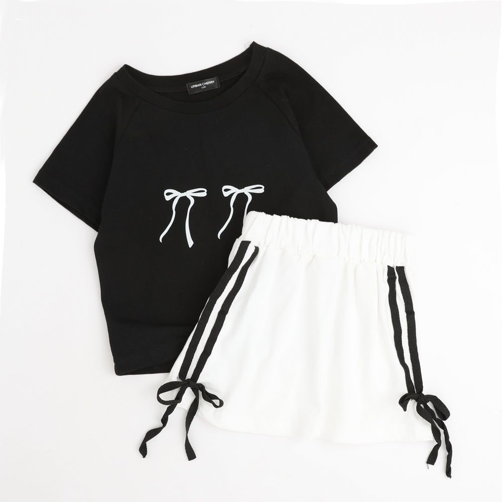 【2点セット】リボンプリントTシャツ＋サイドラインスカート
