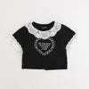 【綿100％/吸水速乾】レースフリルフレンチハートプリントクロップドTシャツ