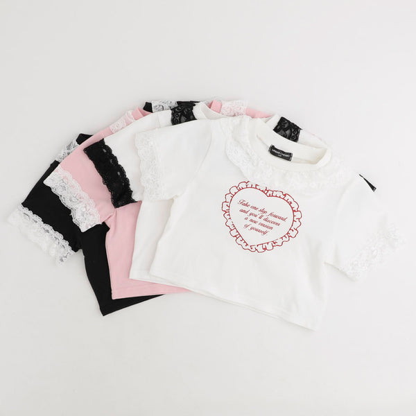 【綿100％/吸水速乾】レースフリルフレンチハートプリントクロップドTシャツ
