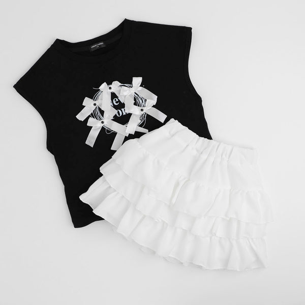 【2点セット】パールリボンフレンチスリーブTシャツ＋ティアードスカート