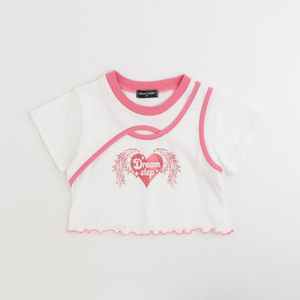 【綿100％/吸水速乾】ハートエンジェルラメプリントカットクロップドTシャツ