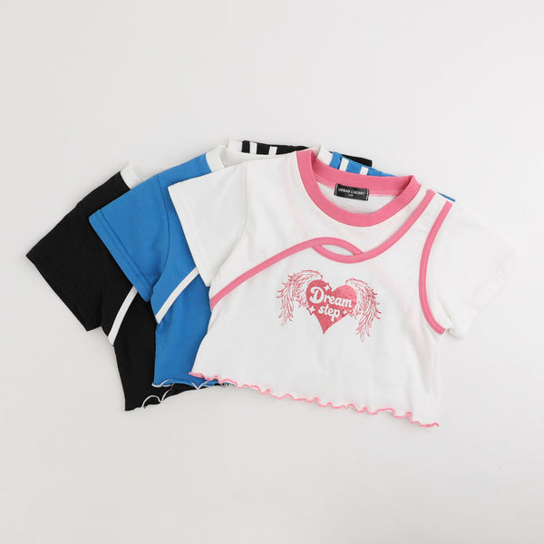 【綿100％/吸水速乾】ハートエンジェルラメプリントカットクロップドTシャツ