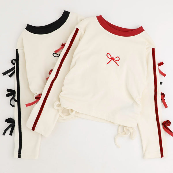 リボンデザインサイドギャザーライントップス