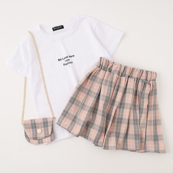 【3点SET】ロゴプリントTシャツ＋チェックプリーツスカート＋ポシェット