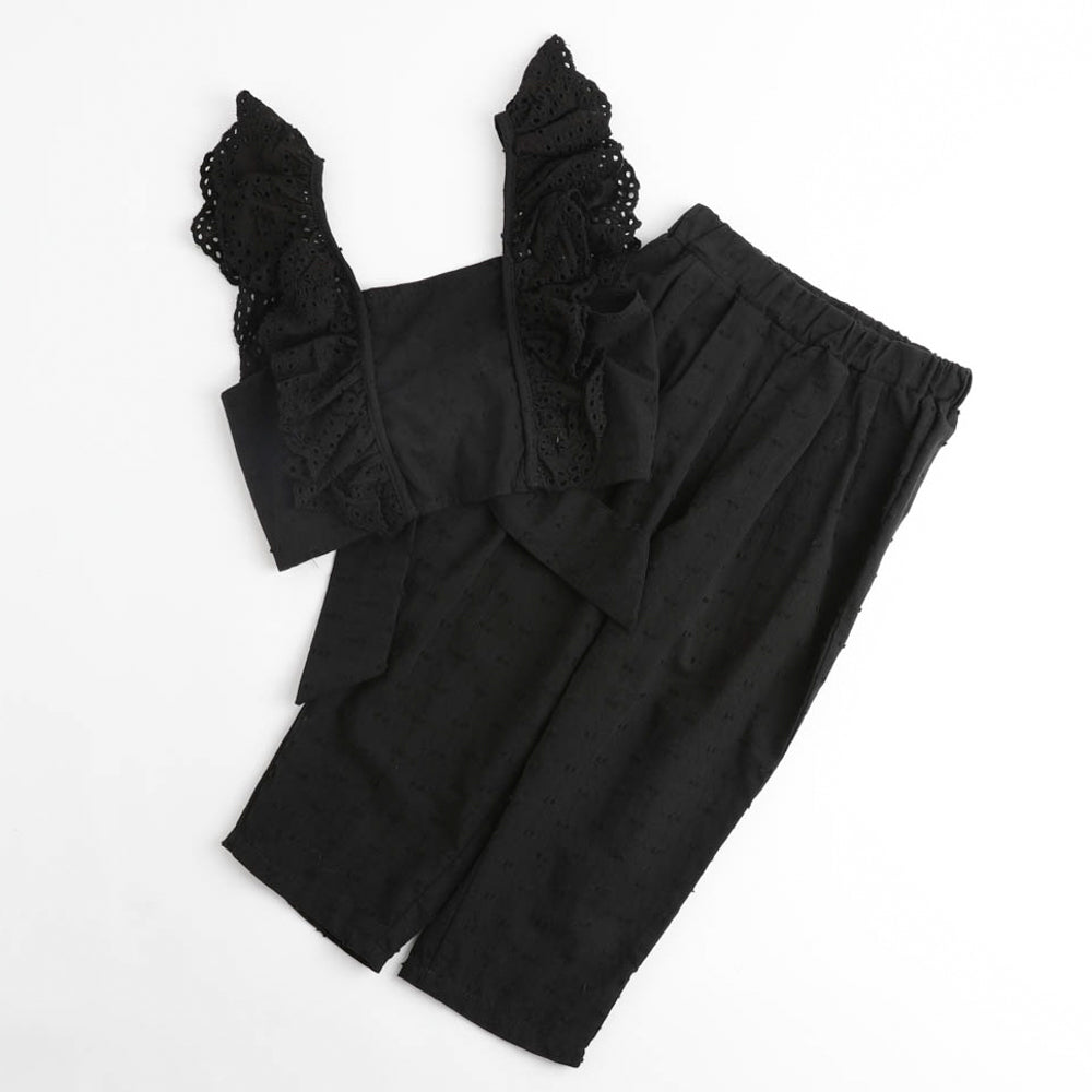 【2点セット】スクエアネックカットワークレースフリルトップス＋テーパードパンツ