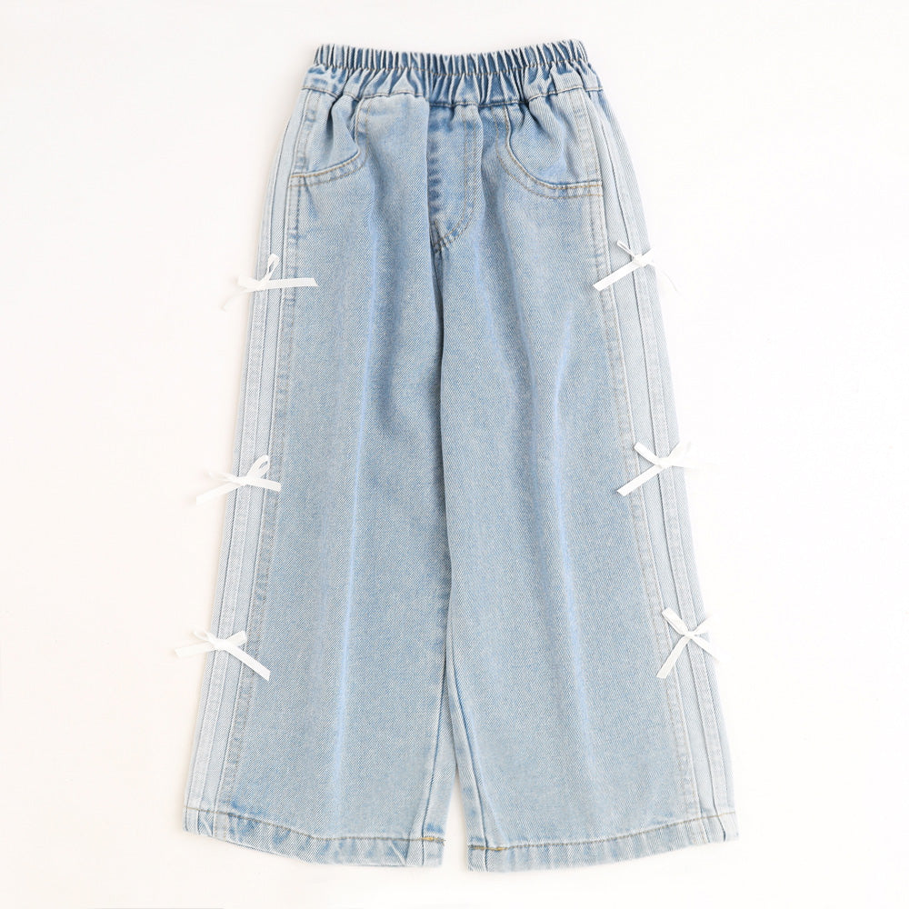 サイド切り替えリボンストレートデニムパンツ