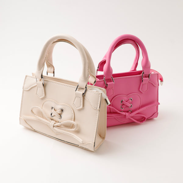 【2way】ハートレースアップデザインスクエアハンドバッグ