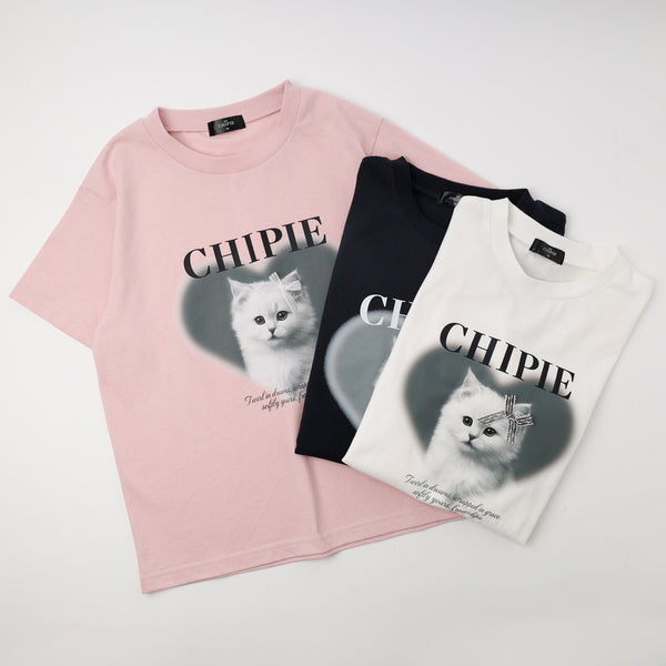 【CHIPIE/シピ】"ときめろT"(綿100%)キャットプリントTシャツ