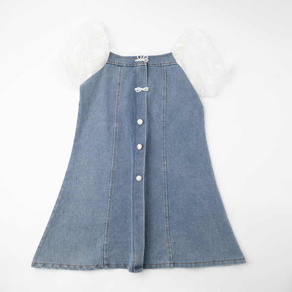 レースシアーパフスリーブリボンデニムワンピース