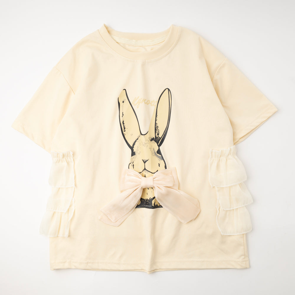 ラビットプリントオーガンジーリボンオーバーサイズTシャツ