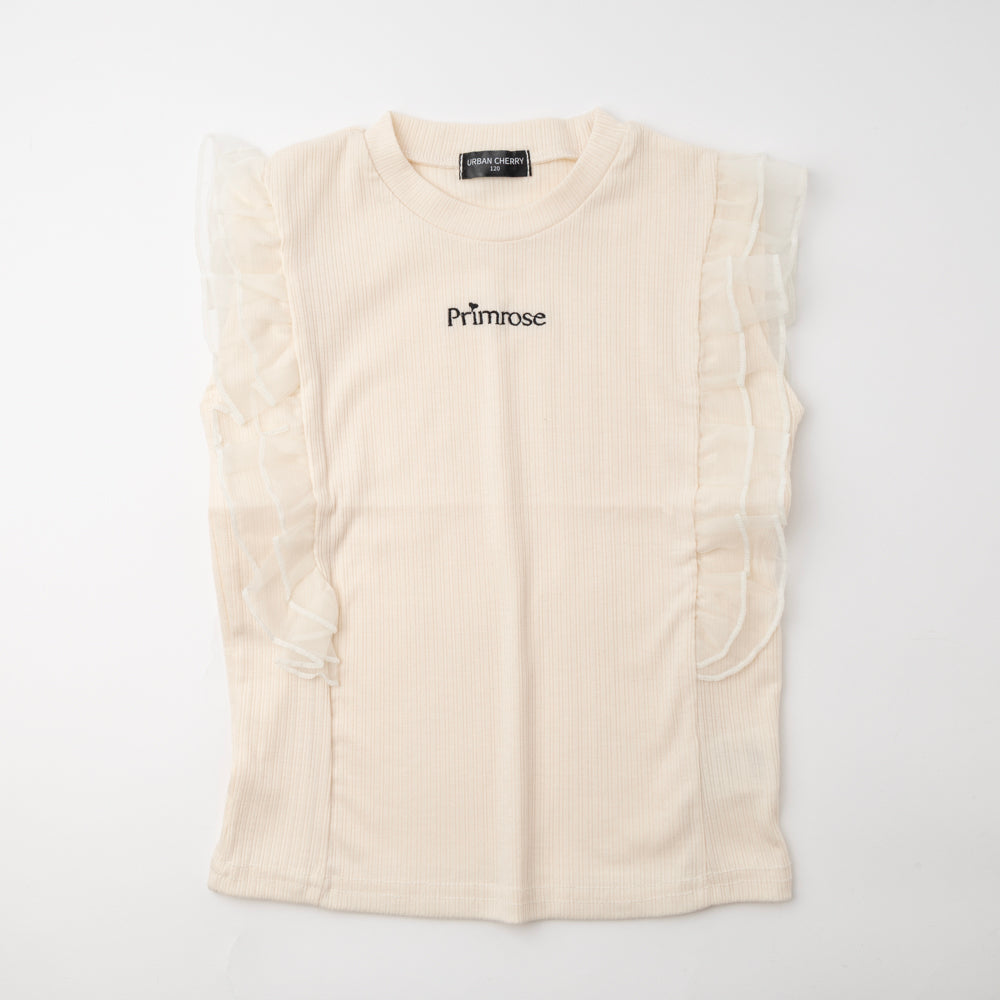 「快適さらリブ素材」シアーフリルノースリーブリブトップス