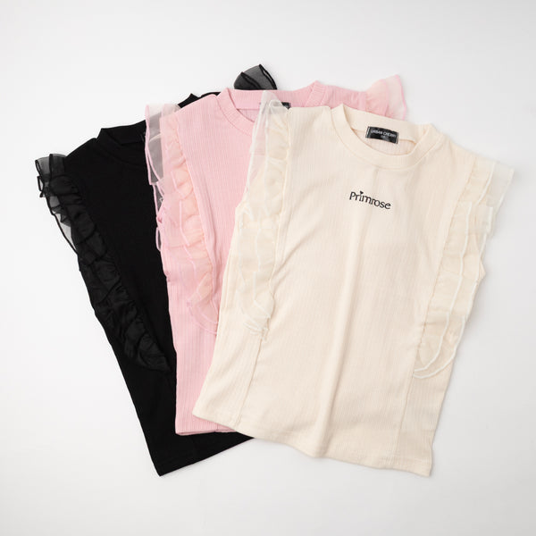 「快適さらリブ素材」シアーフリルノースリーブリブトップス