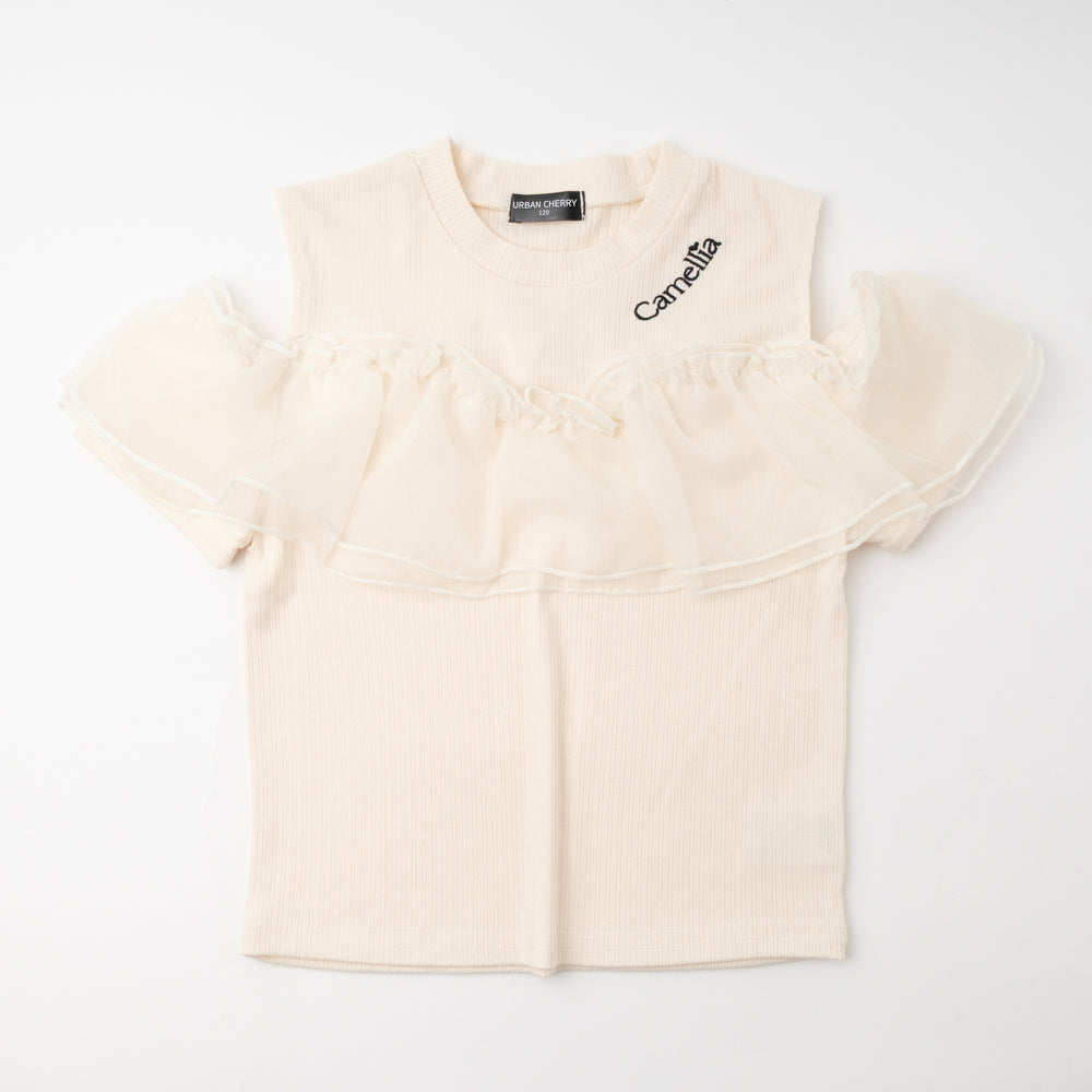 「快適さらリブ素材」カットショルダーシアーフリルリブトップス