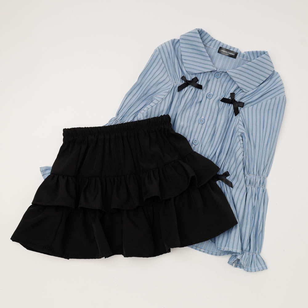 【2点セット】ギャザーリボンブラウス＋ティアードスカート