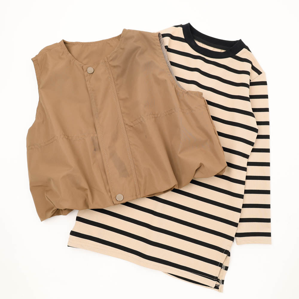 【2点セット】バルーンデザインベスト＋ボーダーワンピース