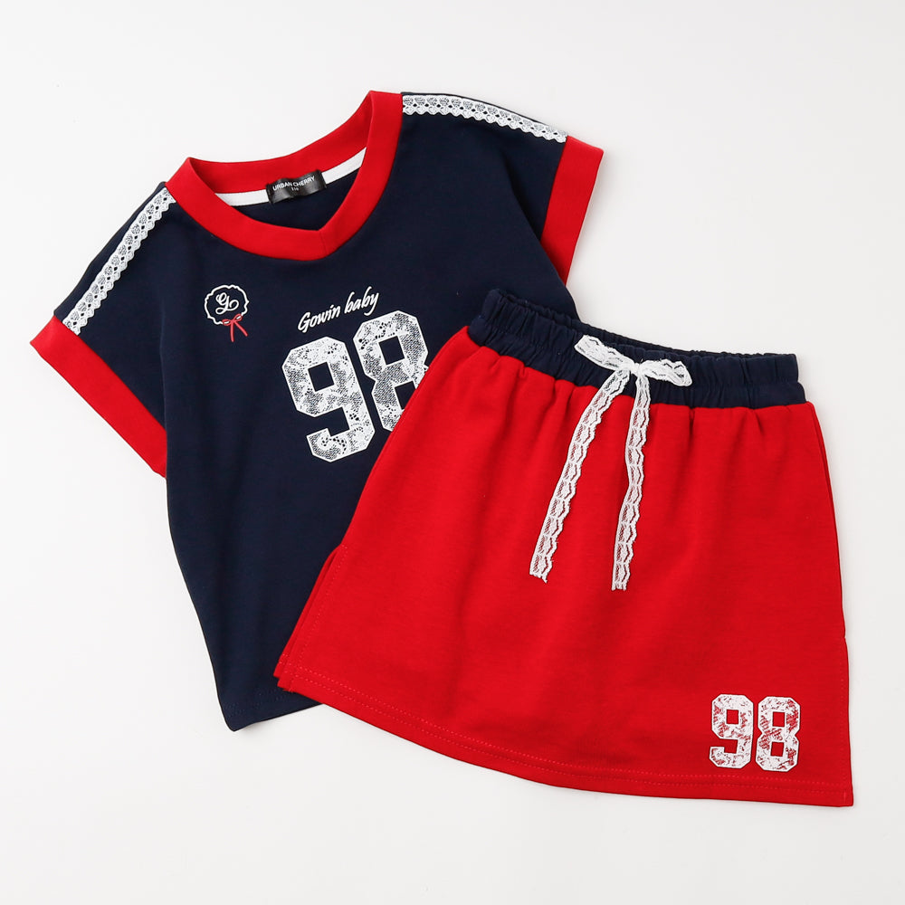 【2点セット】レースナンバーロゴデザインフレンチスリーブトップス＋スカート